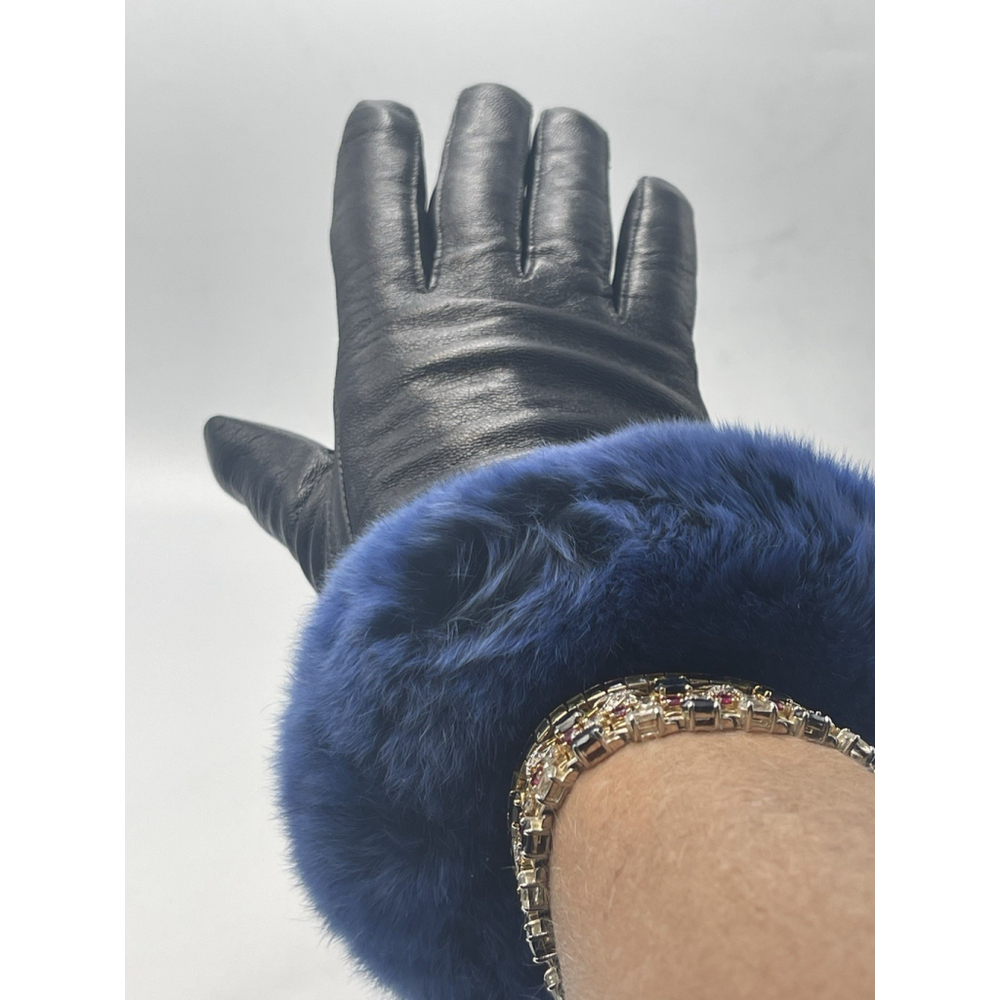 Surell Black Leather Gloves Blue Rabbit Fur Trim Small Wool Lined Small